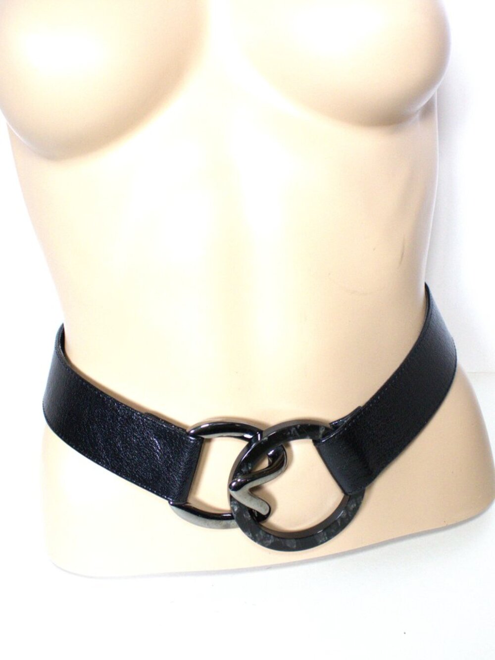 Suzi Roher, Black Leather Belt with Elastic, Hook Silver Closure with O Ring